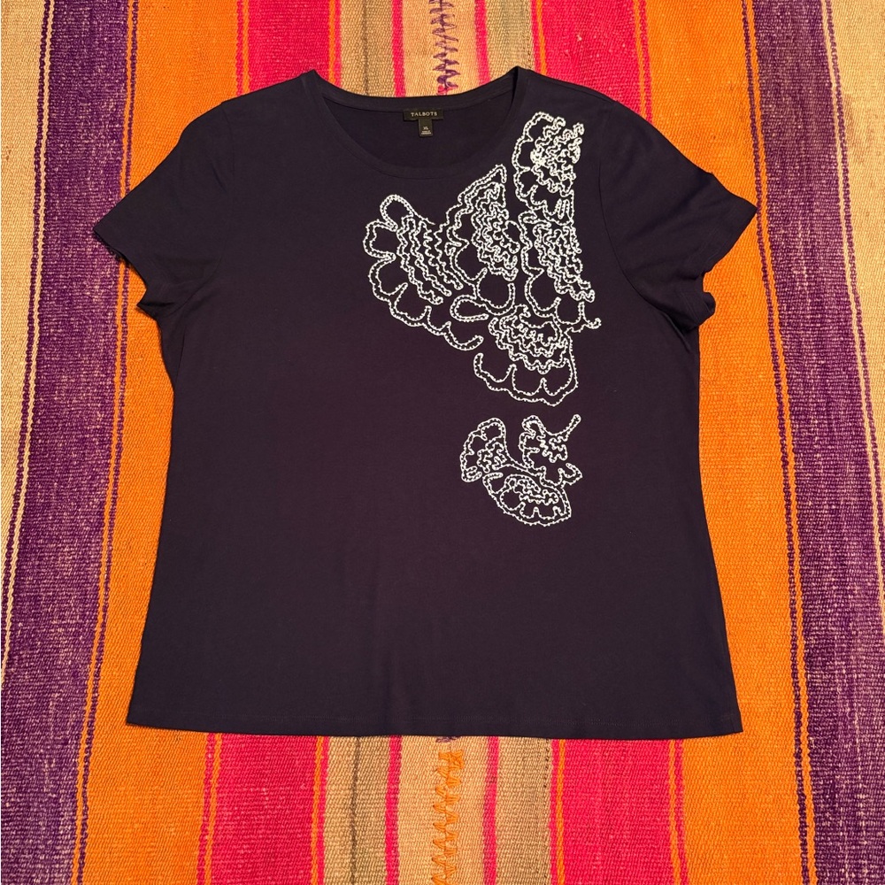 Talbots Navy and White Embellished Short Sleeve Top